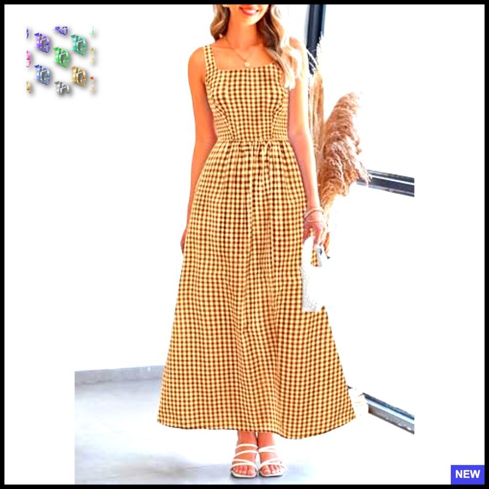 Plaid Square Neck Maxi Dress Spaghetti Strap A-Line Smocked Back Beach Vacation - Picture 3 of 7